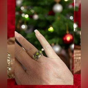 Three Stone Peridot Bezel Set Sterling Silver Statement Ring